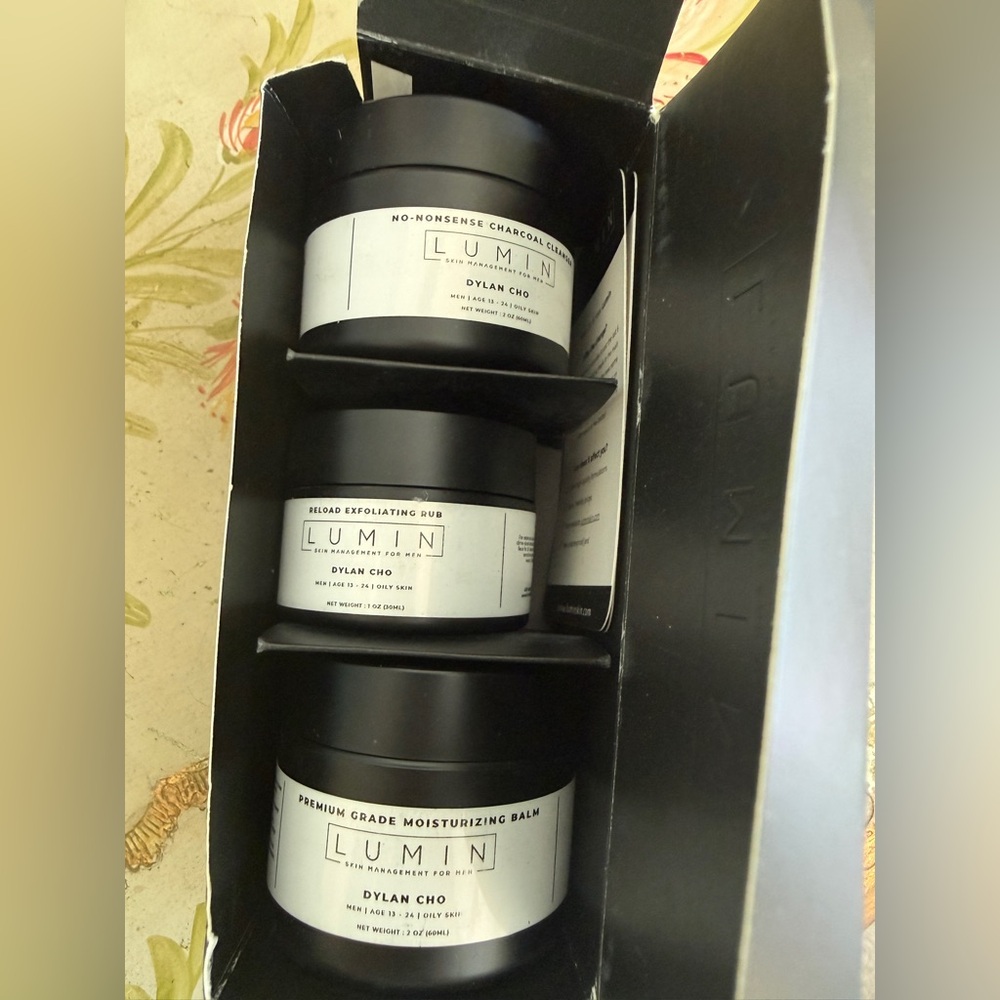 LUMIN system, charcoal, cleanser, exfoliating rub, moisturizing balm